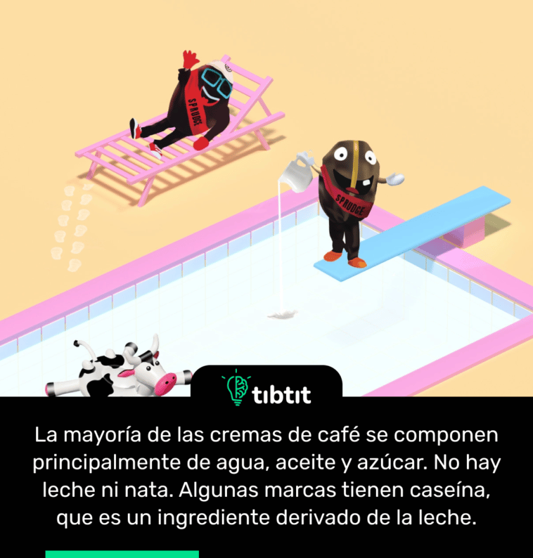La mayoría de las cremas de café se componen principalmente de agua, aceite y azúcar. No hay leche ni nata. Algunas marcas tienen caseína, que es un ingrediente derivado de la leche.