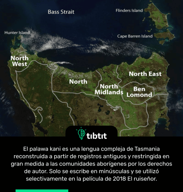 El palawa kani es una lengua compleja de Tasmania reconstruida a partir de registros antiguos y restringida en gran medida a las comunidades aborígenes por los derechos de autor. Solo se escribe en minúsculas y se utilizó selectivamente en la película de 2018 El ruiseñor.
