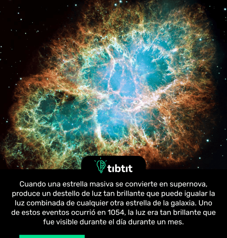 Cuando una estrella masiva se convierte en supernova, produce un destello de luz tan brillante que puede igualar la luz combinada de cualquier otra estrella de la galaxia. Uno de estos eventos ocurrió en 1054, la luz era tan brillante que fue visible durante el día durante un mes.