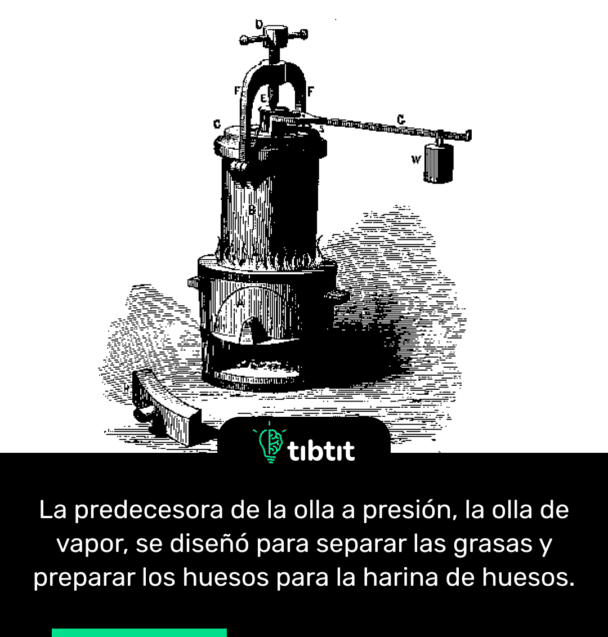 La predecesora de la olla a presión, la olla de vapor, se diseñó para separar las grasas y preparar los huesos para la harina de huesos.