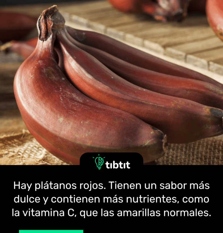 Hay plátanos rojos. Tienen un sabor más dulce y contienen más nutrientes, como la vitamina C, que las amarillas normales.