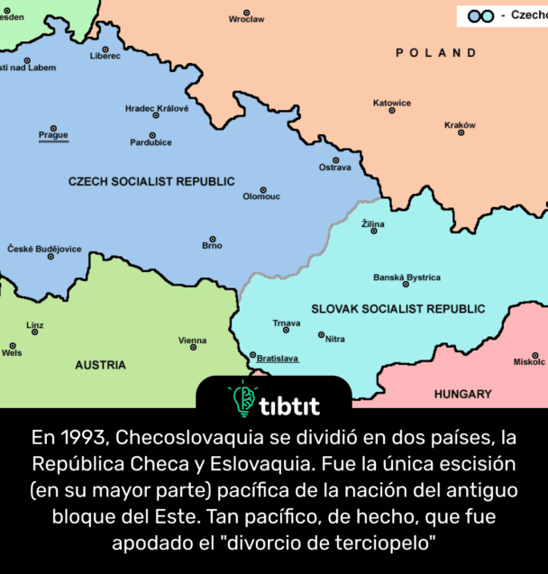 En 1993, Checoslovaquia se dividió en dos países, la República Checa y Eslovaquia. Fue la única escisión (en su mayor parte) pacífica de la nación del antiguo bloque del Este. Tan pacífico, de hecho, que fue apodado el "divorcio de terciopelo"