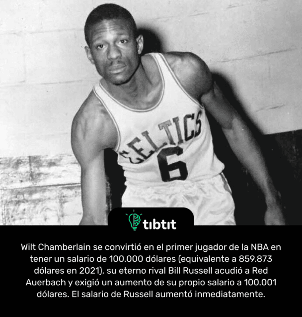 Wilt Chamberlain se convirtió en el primer jugador de la NBA en tener un salario de 100.000 dólares (equivalente a 859.873 dólares en 2021), su eterno rival Bill Russell acudió a Red Auerbach y exigió un aumento de su propio salario a 100.001 dólares. El salario de Russell aumentó inmediatamente.