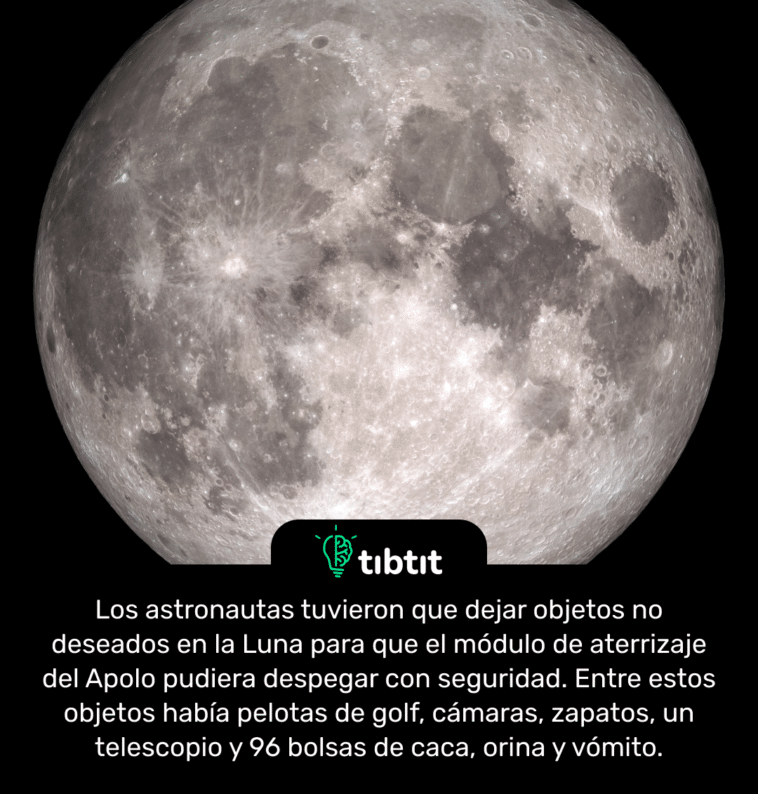 Los astronautas tuvieron que dejar objetos no deseados en la Luna para que el módulo de aterrizaje del Apolo pudiera despegar con seguridad. Entre estos objetos había pelotas de golf, cámaras, zapatos, un telescopio y 96 bolsas de caca, orina y vómito.