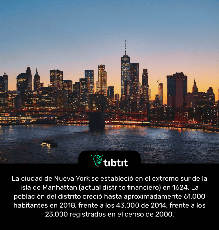La ciudad de Nueva York se estableció en el extremo sur de la isla de Manhattan (actual distrito financiero) en 1624. La población del distrito creció hasta aproximadamente 61.000 habitantes en 2018, frente a los 43.000 de 2014, frente a los 23.000 registrados en el censo de 2000.