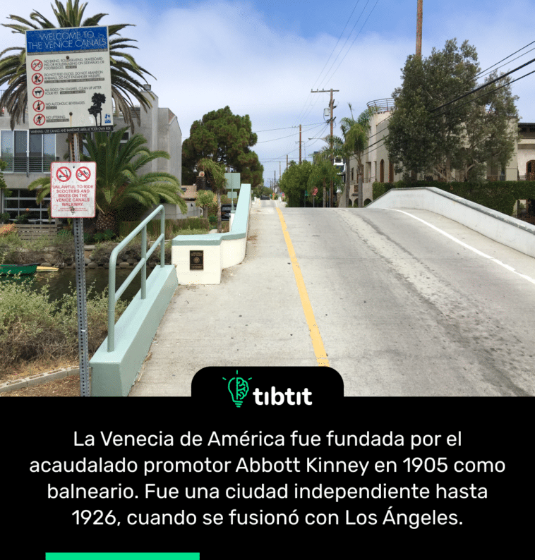 La Venecia de América fue fundada por el acaudalado promotor Abbott Kinney en 1905 como balneario. Fue una ciudad independiente hasta 1926, cuando se fusionó con Los Ángeles.