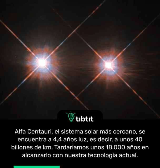 Alfa Centauri, el sistema solar más cercano, se encuentra a 4,4 años luz, es decir, a unos 40 billones de km. Tardaríamos unos 18.000 años en alcanzarlo con nuestra tecnología actual.