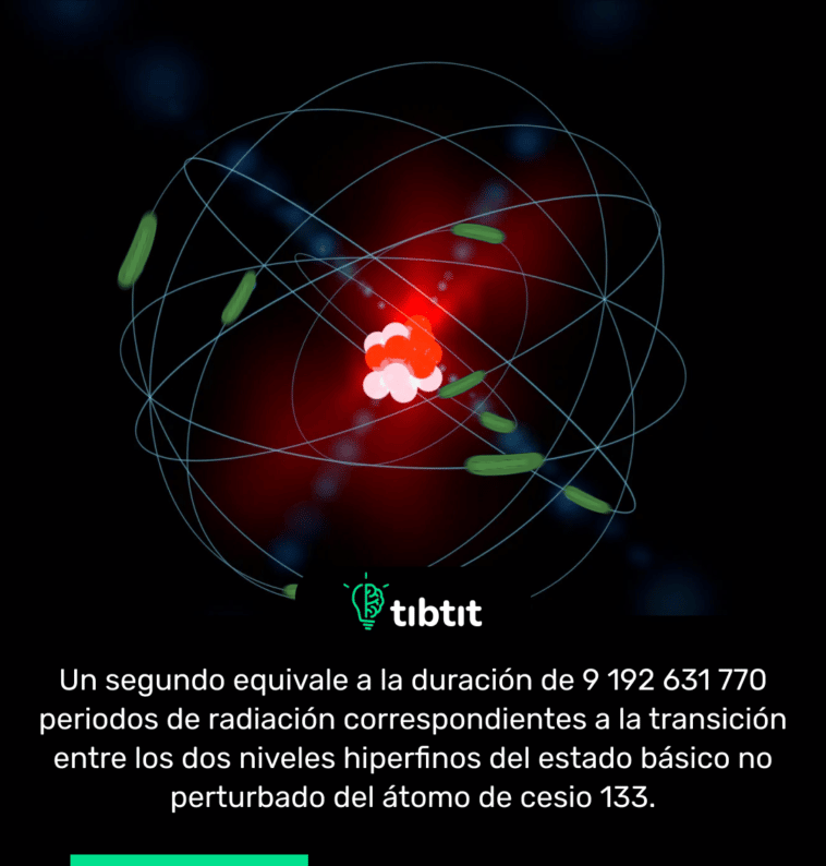 Un segundo equivale a la duración de 9 192 631 770 periodos de radiación correspondientes a la transición entre los dos niveles hiperfinos del estado básico no perturbado del átomo de cesio 133.