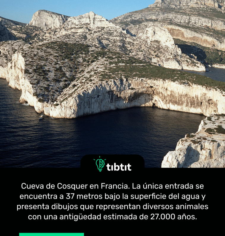Cueva de Cosquer en Francia. La única entrada se encuentra a 37 metros bajo la superficie del agua y presenta dibujos que representan diversos animales con una antigüedad estimada de 27.000 años.