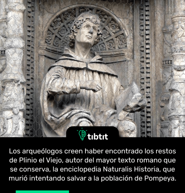Los arqueólogos creen haber encontrado los restos de Plinio el Viejo, autor del mayor texto romano que se conserva, la enciclopedia Naturalis Historia, que murió intentando salvar a la población de Pompeya.