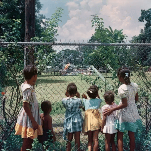 Niños negros mirando un patio de recreo para blancos, Mobile, Alabama, 1956.