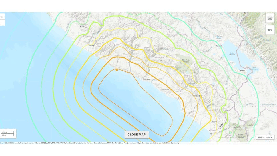 Mapa que muestra la ubicación del terremoto de Arequipa en Perú (2001). (Crédito de la imagen: USGS)