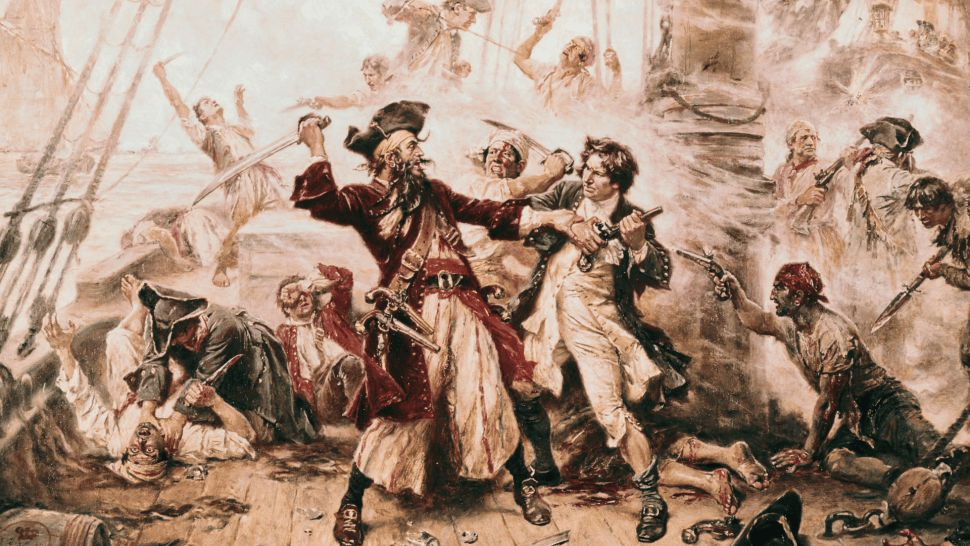 Una pintura de Barbanegra durante su última batalla en 1718 por Jean Leon Gerome Ferris. (Crédito de la imagen: Bettmann/Colaborador a través de Getty Images)