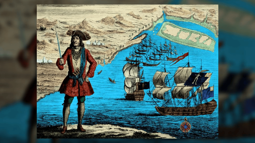 Un grabado del Capitán Bartholomew Roberts, o Black Bart, en la costa de Guinea. (Crédito de la imagen: Culture Club/Colaborador a través de Getty Images)