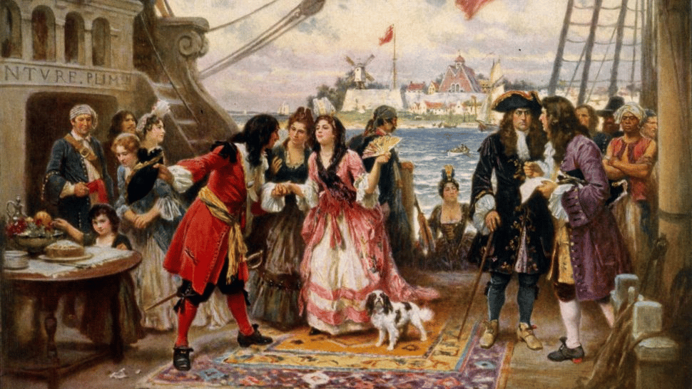 Una pintura del capitán Kidd dando la bienvenida a una mujer a su barco en el puerto de Nueva York por Jean Leone Gerome Ferris. (Crédito de la imagen: PhotoQuest/Contributor a través de Getty Images)