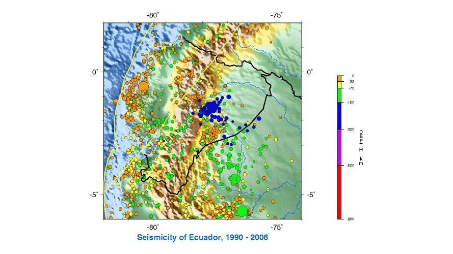 Ecuador es un lugar inestable, como muestra este mapa. El terremoto de 1906 se produjo en alta mar. (Crédito de la imagen: USGS)