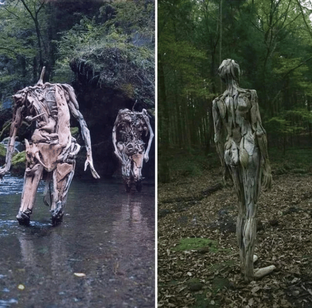 Figuras de madera flotante que recorren el bosque en Japón por el artista Nagato Iwasaki