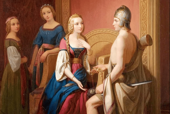 La representación del siglo XIX de Nils Blommér de Freyja aceptando la devolución de su collar Brísingamen de Heimdall.