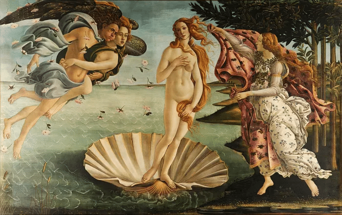 Afrodita, también conocida por su nombre romano de Venus, es la diosa del amor más famosa de la mitología occidental. Aquí se muestra también su representación más famosa en el arte europeo, "El nacimiento de Venus" de Sandro Botticelli.