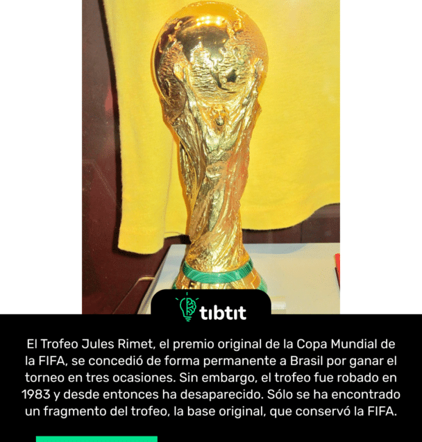 El Trofeo Jules Rimet, el premio original de la Copa Mundial de la FIFA, se concedió de forma permanente a Brasil por ganar el torneo en tres ocasiones. Sin embargo, el trofeo fue robado en 1983 y desde entonces ha desaparecido. Sólo se ha encontrado un fragmento del trofeo, la base original, que conservó la FIFA.