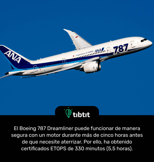 El Boeing 787 Dreamliner puede funcionar de manera segura con un motor durante más de cinco horas antes de que necesite aterrizar. Por ello, ha obtenido certificados ETOPS de 330 minutos (5,5 horas).