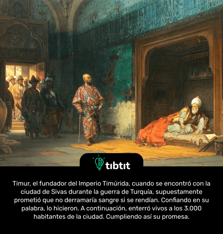 Timur, el fundador del Imperio Timúrida, cuando se encontró con la ciudad de Sivas durante la guerra de Turquía, supuestamente prometió que no derramaría sangre si se rendían. Confiando en su palabra, lo hicieron. A continuación, enterró vivos a los 3.000 habitantes de la ciudad. Cumpliendo así su promesa.