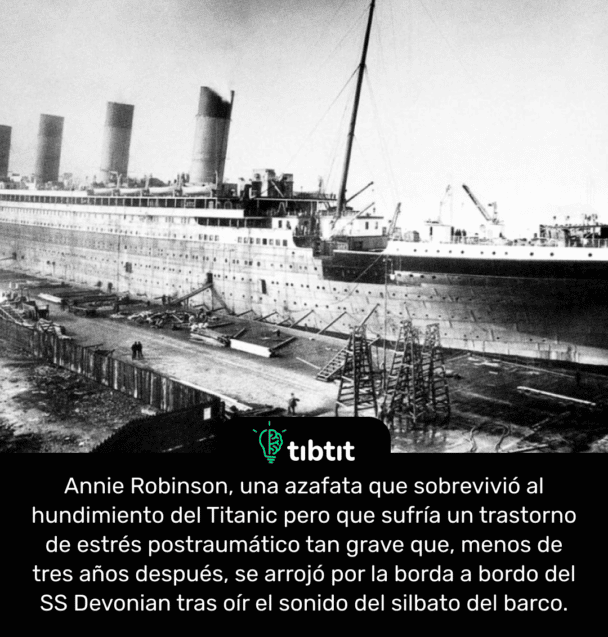 Annie Robinson, una azafata que sobrevivió al hundimiento del Titanic pero que sufría un trastorno de estrés postraumático tan grave que, menos de tres años después, se arrojó por la borda a bordo del SS Devonian tras oír el sonido del silbato del barco.