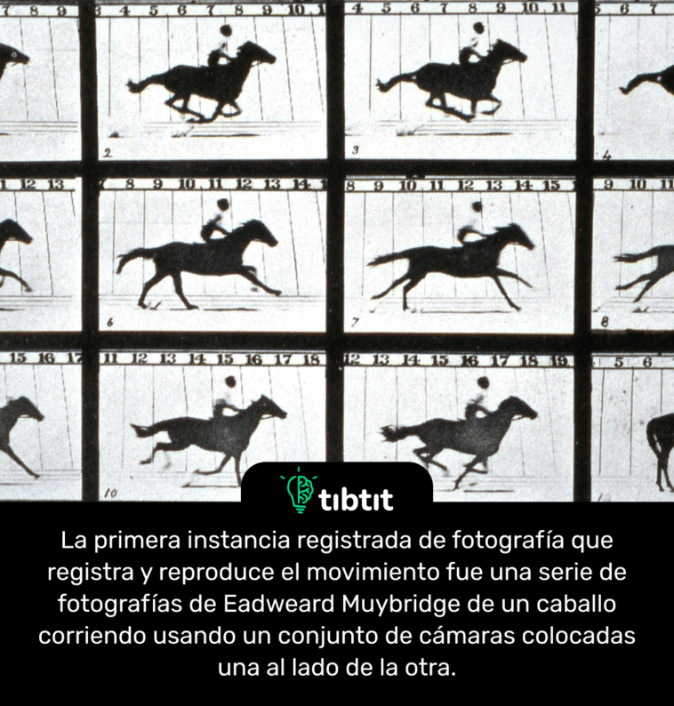 La primera instancia registrada de fotografía que registra y reproduce el movimiento fue una serie de fotografías de Eadweard Muybridge de un caballo corriendo usando un conjunto de cámaras colocadas una al lado de la otra.
