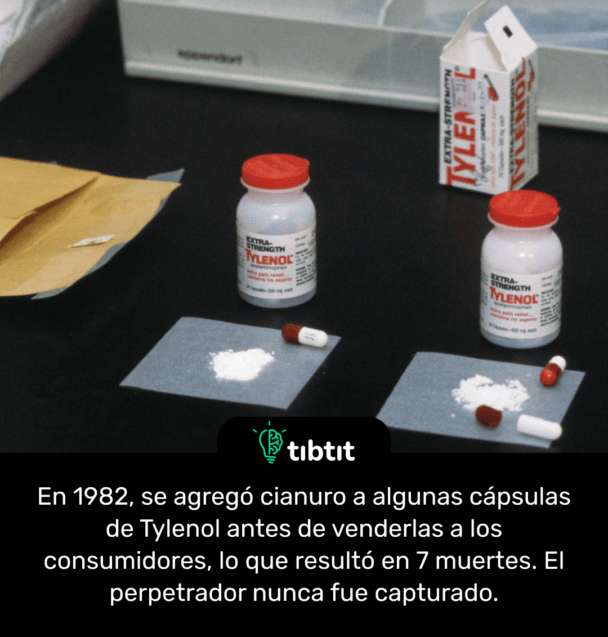 En 1982, se agregó cianuro a algunas cápsulas de Tylenol antes de venderlas a los consumidores, lo que resultó en 7 muertes. El perpetrador nunca fue capturado.