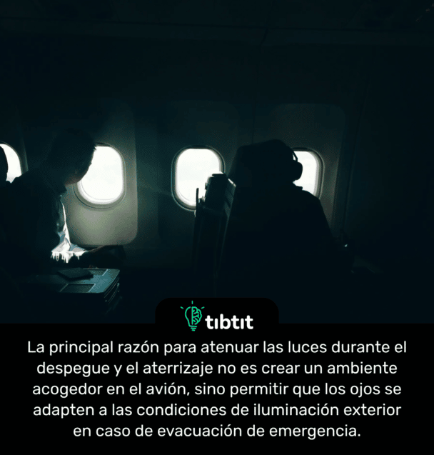 La principal razón para atenuar las luces durante el despegue y el aterrizaje no es crear un ambiente acogedor en el avión, sino permitir que los ojos se adapten a las condiciones de iluminación exterior en caso de evacuación de emergencia.