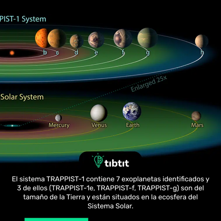 El sistema TRAPPIST-1 contiene 7 exoplanetas identificados y 3 de ellos (TRAPPIST-1e, TRAPPIST-f, TRAPPIST-g) son del tamaño de la Tierra y están situados en la ecosfera del Sistema Solar.