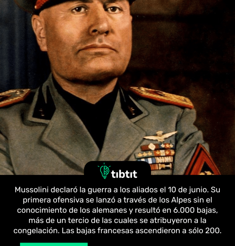 Mussolini declaró la guerra a los aliados el 10 de junio. Su primera ofensiva se lanzó a través de los Alpes sin el conocimiento de los alemanes y resultó en 6.000 bajas, más de un tercio de las cuales se atribuyeron a la congelación. Las bajas francesas ascendieron a sólo 200.