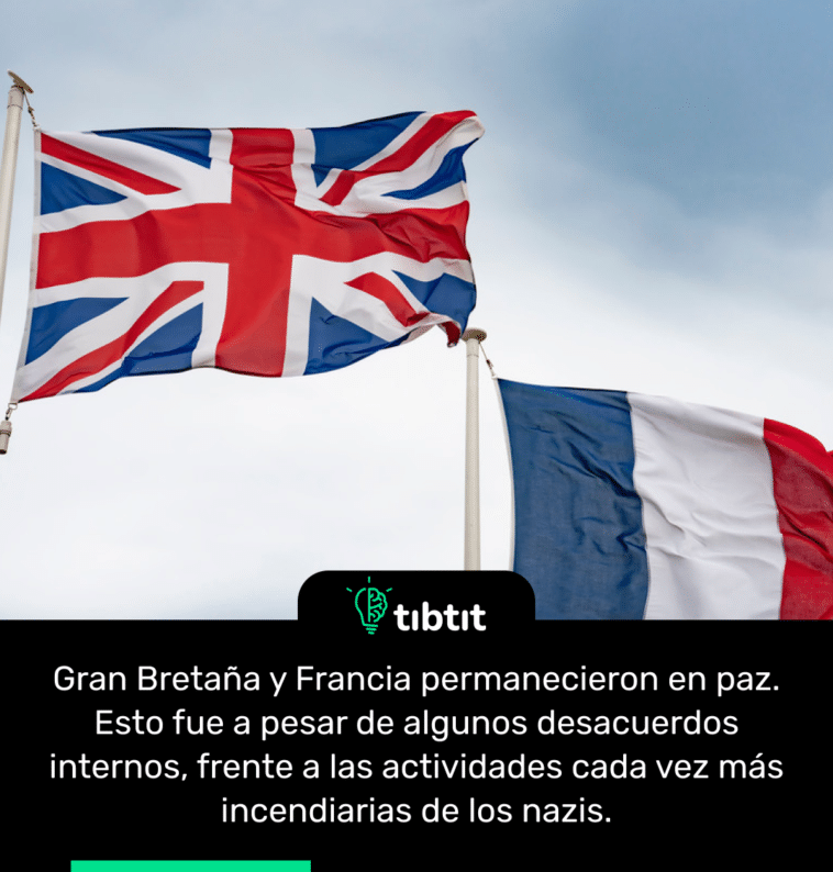 Gran Bretaña y Francia permanecieron en paz. Esto fue a pesar de algunos desacuerdos internos, frente a las actividades cada vez más incendiarias de los nazis.