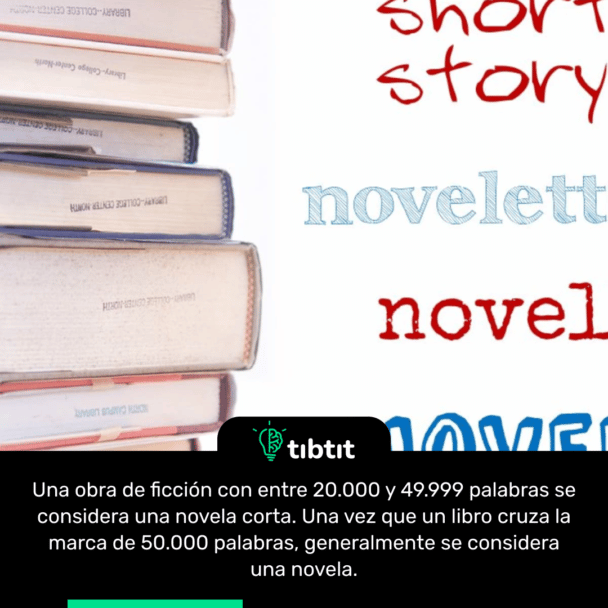 Una obra de ficción con entre 20.000 y 49.999 palabras se considera una novela corta. Una vez que un libro cruza la marca de 50.000 palabras, generalmente se considera una novela.