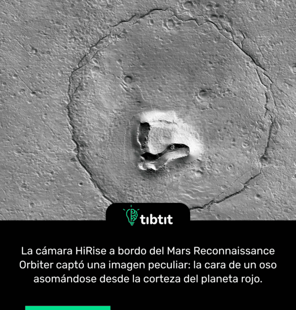 La cámara HiRise a bordo del Mars Reconnaissance Orbiter captó una imagen peculiar: la cara de un oso asomándose desde la corteza del planeta rojo.