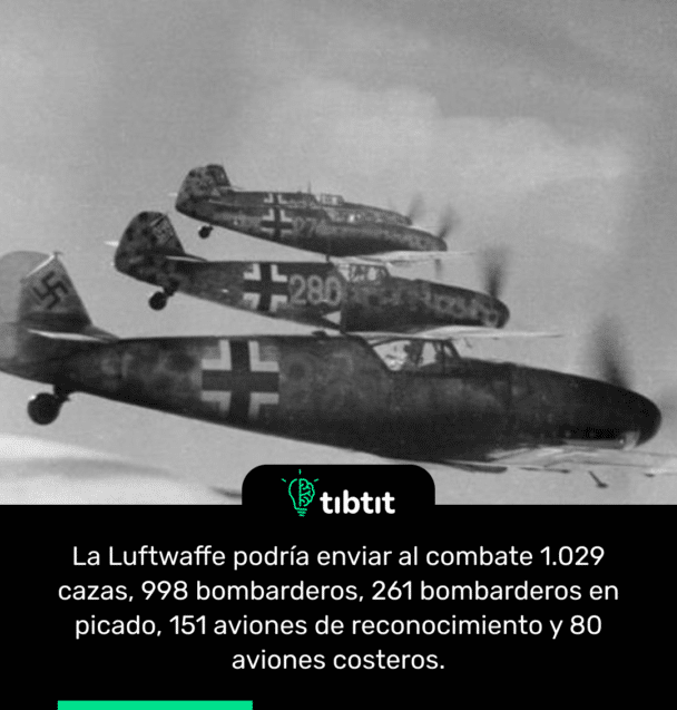 La Luftwaffe podría enviar al combate 1.029 cazas, 998 bombarderos, 261 bombarderos en picado, 151 aviones de reconocimiento y 80 aviones costeros.