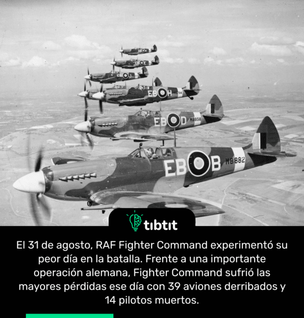 El 31 de agosto, RAF Fighter Command experimentó su peor día en la batalla. Frente a una importante operación alemana, Fighter Command sufrió las mayores pérdidas ese día con 39 aviones derribados y 14 pilotos muertos.