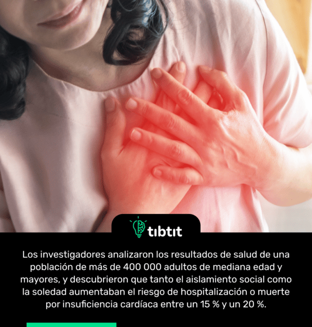 Los investigadores analizaron los resultados de salud de una población de más de 400 000 adultos de mediana edad y mayores, y descubrieron que tanto el aislamiento social como la soledad aumentaban el riesgo de hospitalización o muerte por insuficiencia cardíaca entre un 15 % y un 20 %.