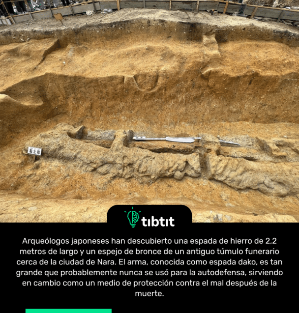 Arqueólogos japoneses han descubierto una espada de hierro de 2,2 metros de largo y un espejo de bronce de un antiguo túmulo funerario cerca de la ciudad de Nara. El arma, conocida como espada dako, es tan grande que probablemente nunca se usó para la autodefensa, sirviendo en cambio como un medio de protección contra el mal después de la muerte.