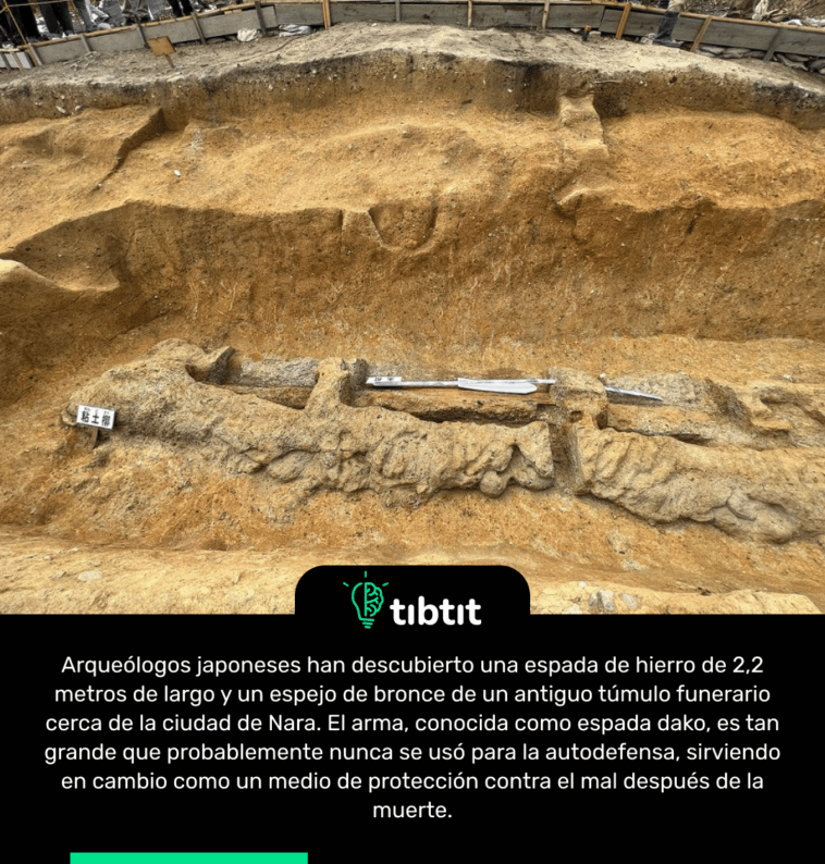 Arqueólogos japoneses han descubierto una espada de hierro de 2,2 metros de largo y un espejo de bronce de un antiguo túmulo funerario cerca de la ciudad de Nara. El arma, conocida como espada dako, es tan grande que probablemente nunca se usó para la autodefensa, sirviendo en cambio como un medio de protección contra el mal después de la muerte.