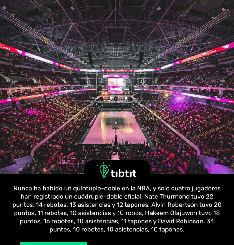 Nunca ha habido un quíntuple-doble en la NBA, y solo cuatro jugadores han registrado un cuádruple-doble oficial. Nate Thurmond tuvo 22 puntos, 14 rebotes, 13 asistencias y 12 tapones, Alvin Robertson tuvo 20 puntos, 11 rebotes, 10 asistencias y 10 robos, Hakeem Olajuwon tuvo 18 puntos, 16 rebotes, 10 asistencias, 11 tapones y David Robinson. 34 puntos, 10 rebotes, 10 asistencias, 10 tapones.