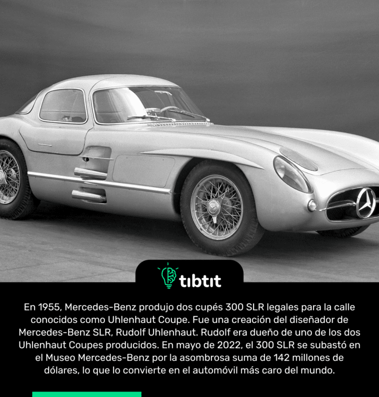 En 1955, Mercedes-Benz produjo dos cupés 300 SLR legales para la calle conocidos como Uhlenhaut Coupe. Fue una creación del diseñador de Mercedes-Benz SLR, Rudolf Uhlenhaut. Rudolf era dueño de uno de los dos Uhlenhaut Coupes producidos. En mayo de 2022, el 300 SLR se subastó en el Museo Mercedes-Benz por la asombrosa suma de 142 millones de dólares, lo que lo convierte en el automóvil más caro del mundo.