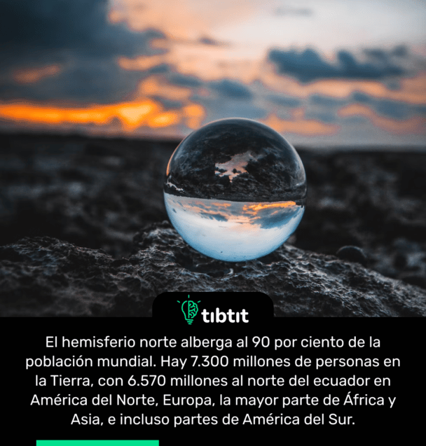 El hemisferio norte alberga al 90 por ciento de la población mundial. Hay 7.300 millones de personas en la Tierra, con 6.570 millones al norte del ecuador en América del Norte, Europa, la mayor parte de África y Asia, e incluso partes de América del Sur.