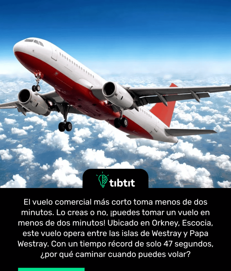 El vuelo comercial más corto toma menos de dos minutos. Lo creas o no, ¡puedes tomar un vuelo en menos de dos minutos! Ubicado en Orkney, Escocia, este vuelo opera entre las islas de Westray y Papa Westray. Con un tiempo récord de solo 47 segundos, ¿por qué caminar cuando puedes volar?