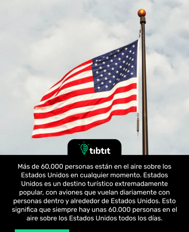 Más de 60,000 personas están en el aire sobre los Estados Unidos en cualquier momento. Estados Unidos es un destino turístico extremadamente popular, con aviones que vuelan diariamente con personas dentro y alrededor de Estados Unidos. Esto significa que siempre hay unas 60.000 personas en el aire sobre los Estados Unidos todos los días.