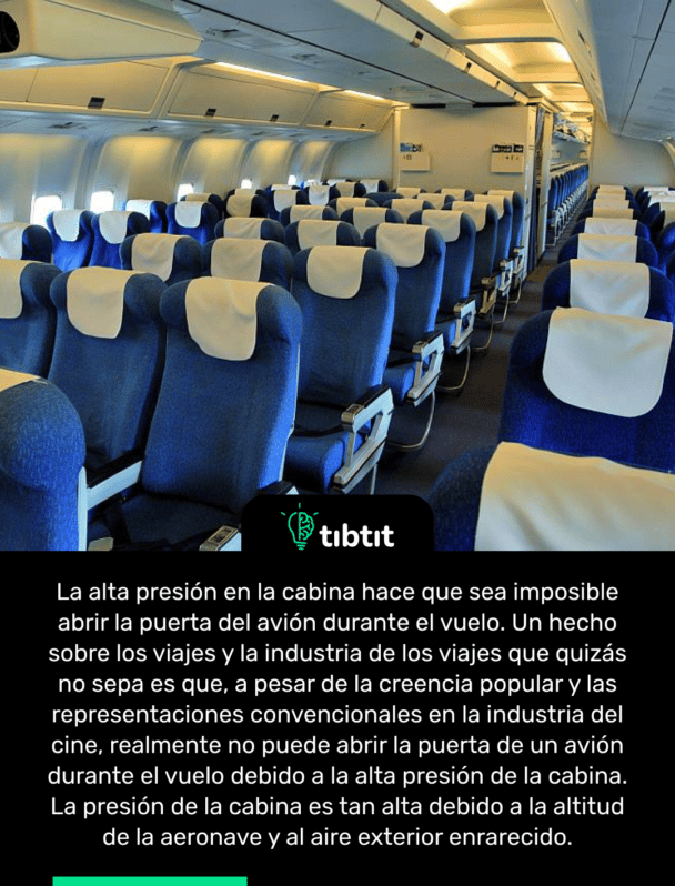 La alta presión en la cabina hace que sea imposible abrir la puerta del avión durante el vuelo. Un hecho sobre los viajes y la industria de los viajes que quizás no sepa es que, a pesar de la creencia popular y las representaciones convencionales en la industria del cine, realmente no puede abrir la puerta de un avión durante el vuelo debido a la alta presión de la cabina. La presión de la cabina es tan alta debido a la altitud de la aeronave y al aire exterior enrarecido.