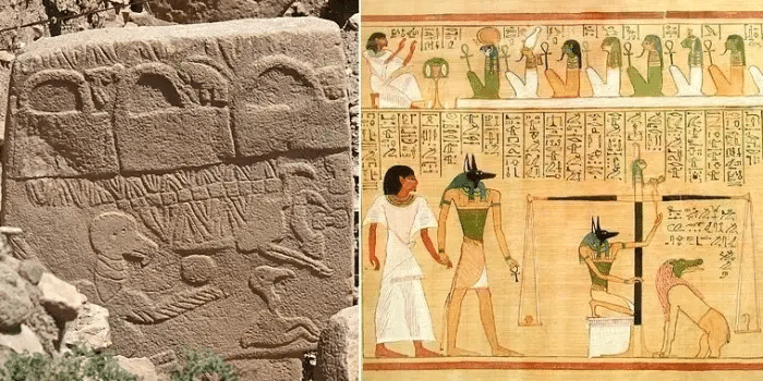 Izquierda: La Piedra del Buitre en Göbekli Tepe (Turquía, 9500 a. C.). Derecha: Anubis en el Libro de los Muertos (Egipto, 1550 a. C.).Sue Fleckney a través de Wikimedia Commons (izquierda) e imagen de dominio público (derecha).
