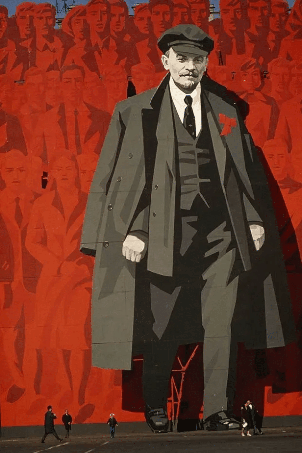Un mural que representa las torres de Lenin sobre la plaza de Leningrado, 1971.
