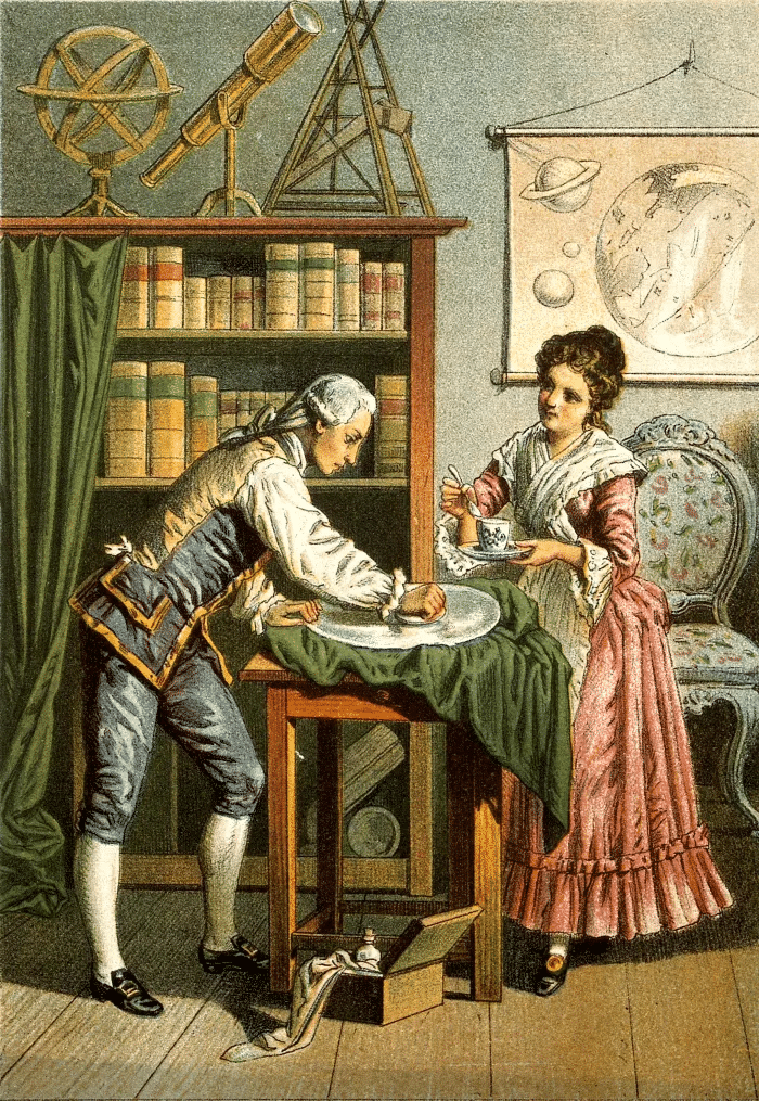 Ilustración de Caroline y William Herschel puliendo una lente o un espejo para uno de sus telescopios.
