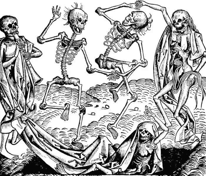 Danse Macabre, "La danza de la muerte" (1493) de Michael Wolgemut. Las representaciones de la muerte como aterradora y todopoderosa fueron comunes después de la Peste Negra.